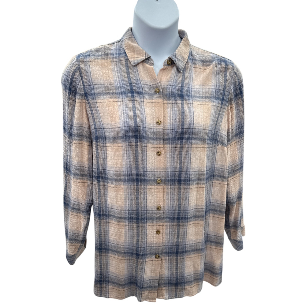 J Jill Plaid Button Up Shirt Size L Womens Beige Blue Rayon Blend Top